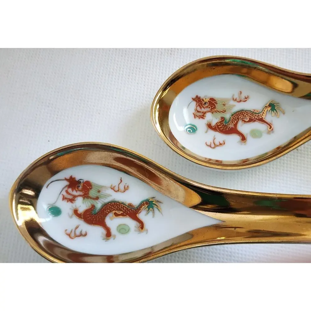 Bowls-Rice/Noodle-Chinese Theme-Spoons-Vintage-Gold Trim-Phoenix & Dragon-Set 2 - Picture 6 of 14